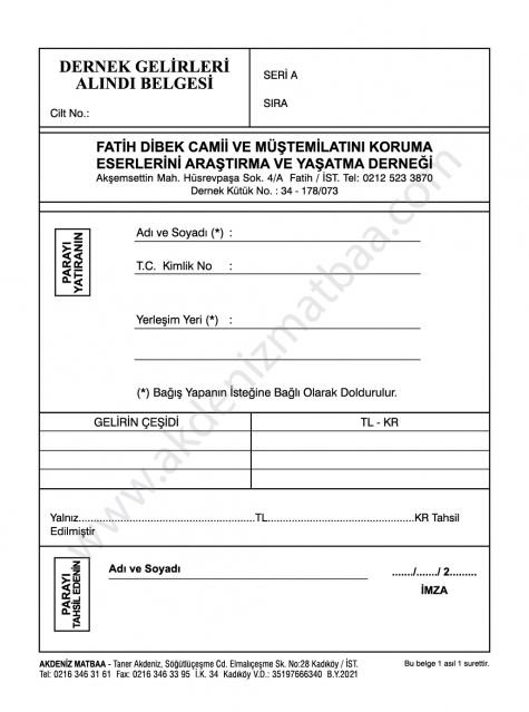 Dernek Gelirleri Alındı Belgesi